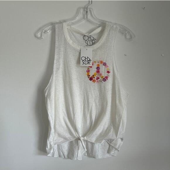 Chaser Tie Front "Floral Peace Wreath" Tank Top, White, Women's Medium - Picture 1 of 6